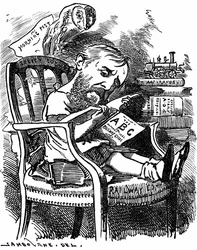 Evelyn Ashley (1836-1907) autora inglesa e política liberal: filho do 7º Conde de Shaftesbury. Desenho animado por Edward Linley Sambourne na série Fancy Portraits de Punch London, abril de 1881, quando Ashley era subsecretária da Junta Comercial.