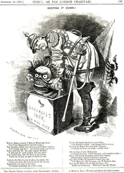 A fazer pouco barulho. Otto von Bismarck (1815-1898) Chanceler da Alemanha, tentando forçar o Valete do Socialismo a voltar para a sua caixa. As legendas dizem-lhe que cada acto de repressão é um elixir para o desejo humano de mais liberdade. Desenho anima