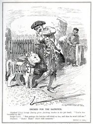 Lloyd George se prepara para enviar seu "cordeiro de estimação", o "Orçamento Popular", para ser sacrificado e morto pela Câmara dos Lordes, em 1909