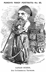 Richard Francis Burton (1821-1890), orientalista e explorador inglês. Desenho animado de Edward Linley Sambourne para Punch, Londres