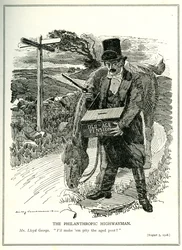 &39;The Highwayman Filantrópico&39;, Lloyd George com o Old Age Pension Fund, cartum da revista &39;Punch&39;, 5 de agosto de 1908