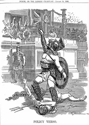 Com o retorno do governo liberal na Grã-Bretanha, em dezembro de 1905, o livre comércio foi a política, e não a política conservadora de proteção tarifária. Desenho animado por Edward Linley Sambourne de Punch London 24 de Janeiro de 1906