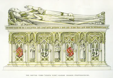 Lady Isabel Neville e seu segundo marido, Sir William Smythe, do Smythe Tomb, Igreja de São Pedro, Elford, Staffordshire, Inglaterra, 1848-9 (gravura colorida à mão) (ver também 741544 e 779760)