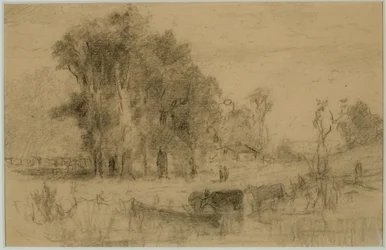 Paisagem, Barco a Remos e Vacas (#57) C. 1880 (grafite sobre papel)