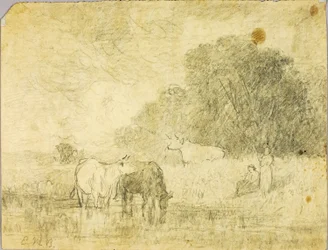 Paisagem com vacas no lago, duas figuras