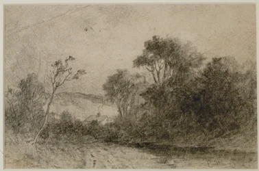 Paisagem com telhados atrás de árvores (#49) c. 1880 (grafite sobre papel)