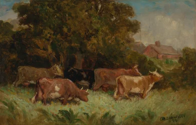 Sem título (cinco vacas no pasto, telhado ao fundo)