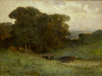 Sem título (cena de floresta com ponte, vacas no riacho em primeiro plano)