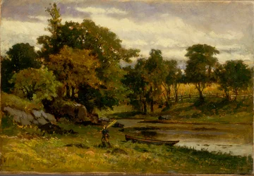 Sem título (paisagem, barco atracado perto de um riacho, homem a caminhar em primeiro plano)