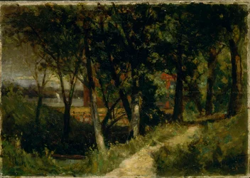 Sem título (paisagem, cena de floresta com vedação vermelha e edifício)