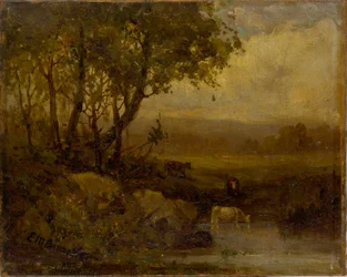 Sem título (paisagem, margem do rio, três vacas)