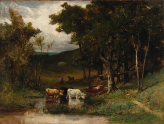 Sem título (paisagem com vacas no riacho perto de árvores)