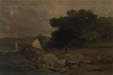 Sem título (paisagem com rochas, homem e barcos à vela)