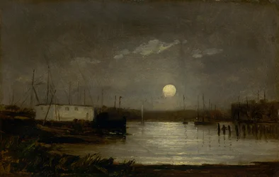 Sem título (lua sobre um porto, cena de cais com lua cheia e mastros de barcos)