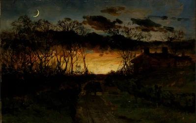 Sem título (pôr do sol com quarto de lua e casa de campo)