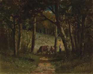 Vacas sem título no caminho na floresta, 1883.