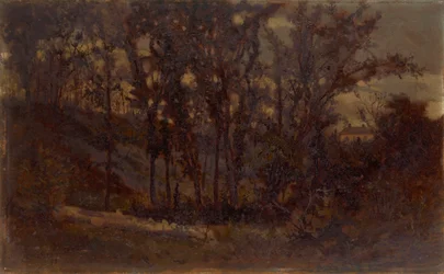Cena de floresta sem título, árvore caída em primeiro plano e casa ao fundo, 1873.