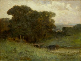 Cena de floresta sem título com ponte, vacas em riacho em primeiro plano, 1897.