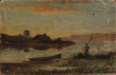 Paisagem sem título, barco amarrado perto da margem com um homem a caminhar, 1896.