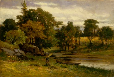 Paisagem sem título, barco amarrado perto de um ribeiro, homem a caminhar em primeiro plano, 1879.