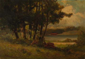 Paisagem sem título com vacas pastando perto do rio, 1891.