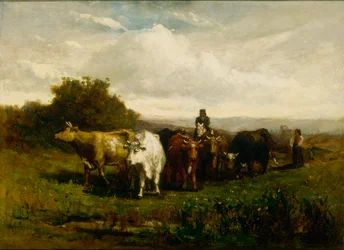 Homem sem título a cavalo, mulher a pé conduzindo gado, 1880.