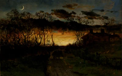 Pôr do sol sem título com quarto de lua e casa de fazenda, 1883.