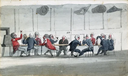 A Messe dos Oficiais, uma banda desenhada que mostra oficiais da Marinha reunidos a beber vinho. Desenho de Edward Pelham Brenton (1774-1839), colorido em aguarela