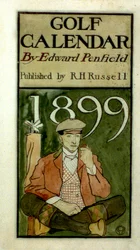 Golfer sentado por clubes, desenhando em aquarelas. (1899?) por Edward Penfield 1866-1925, artista americano.