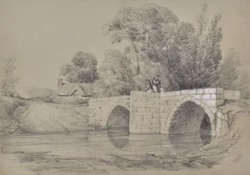 Paisagem de uma ponte com figuras
