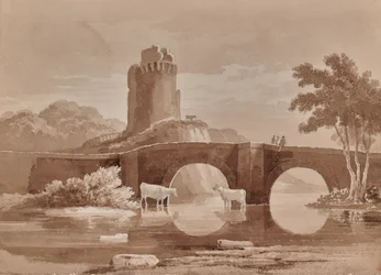 Paisagem com ponte e vacas