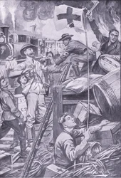 Ambulantes bárbaros destruindo lojas em Komati Foort sob o disfarce da bandeira da Cruz Vermelha, ilustração deAposta Pretoria: A guerra de guerrilha, 1902