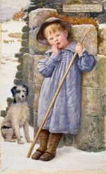 "Dick, o pastor" Um pequeno pastor com os dedos na boca, vestindo uma bata. Pintura de Edward Robert Hughes (1851-1914) (pré-rafaelita) 1902 Coleção particular