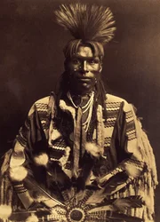 Um piegan de dança. Por volta de 1855, os jovens começaram a fazer uma separação no cabelo de um templo para o outro e a encaracolar as costas com uma varinha de uma espingarda pré-aquecida. Alguns faziam ninhos, outros não. Foto tirada do volume 6 da enci