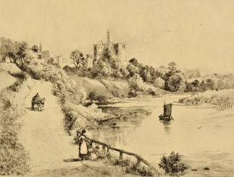 O Coquet: Castelo de Warkworth desde a estrada para Amble, c.1880 (gravura)