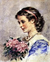 Menina com um ramo de flores cor-de-rosa (aguarela sobre lápis sobre papel)