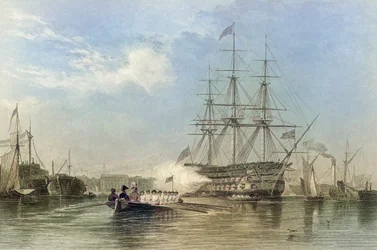 Nau capitânia da Marinha britânica saudando no porto de Gosford, Inglaterra. Século XIX (gravura)