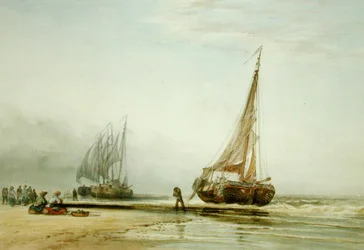 Barcos de Pesca Holandeses na Praia com Grupos de Pescadores