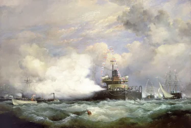 Navio de torreta HM "Devastation" em Spithead por ocasião da revista naval em honra do Xá da Pérsia, 23 de junho de 1873