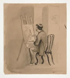 Artista sentado no cavalete