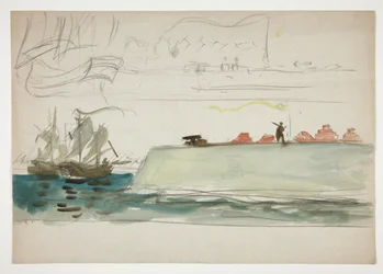 Barcos no mar: navio de guerra em primeiro plano, veleiro em distância - (ilustração não identificada)