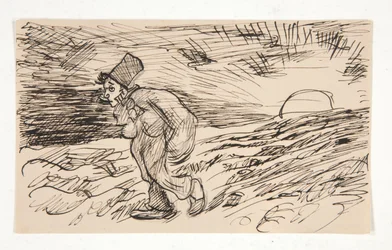 Desenhos animados da figura andando ao nascer do sol. estude para