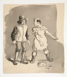 Desenhos animados de dois homens e pote quebrado