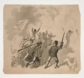 Cena de batalha da Guerra Civil (reto); Ilustração não identificada de homem em uma floresta (verso)