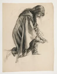 Estudo de figura para Sir Lancelot e Sir Bors equipam Galahad com suas esporas (?), de The Quest of the Holy Grail (segunda de uma série de quinze pinturas para a Biblioteca Pública de Boston, concluída em 1901)