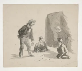 Quatro rapazes a jogar berlindes (recto); ilustração não identificada de rapaz no cavalete no interior (verso)