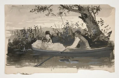 Homem e mulher em barco a remo, perto da margem do rio - ilustração não identificada