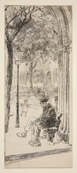 Homem no banco do parque - ilustração não identificada