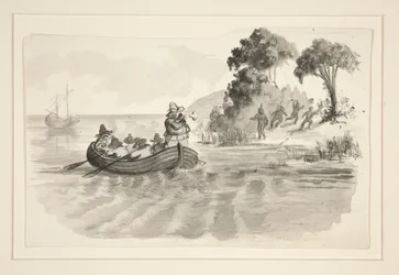 Homens em barcos a remos em fuga dos índios em terra - ilustração não identificada (Colombo descobrindo o Novo Mundo?) - exploradores a desembarcar no Novo Mundo