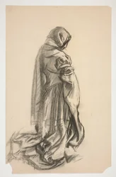Esboço de uma figura feminina ajoelhada em vestido rosa para Galahad the Deliverer, um dos murais do Santo Graal na Biblioteca Pública de Boston